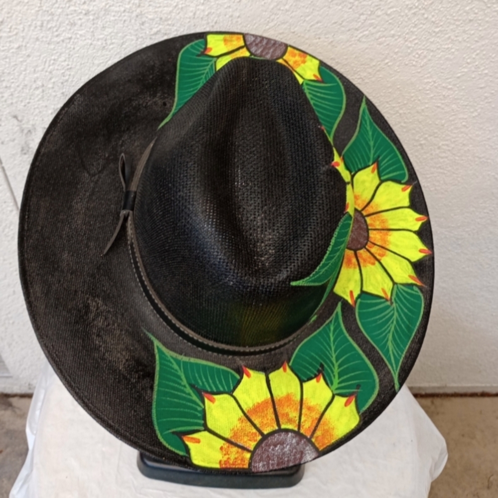 Hand Painted Black Hat with Sunflower and Leaf Design Summer Casual Floral Gift